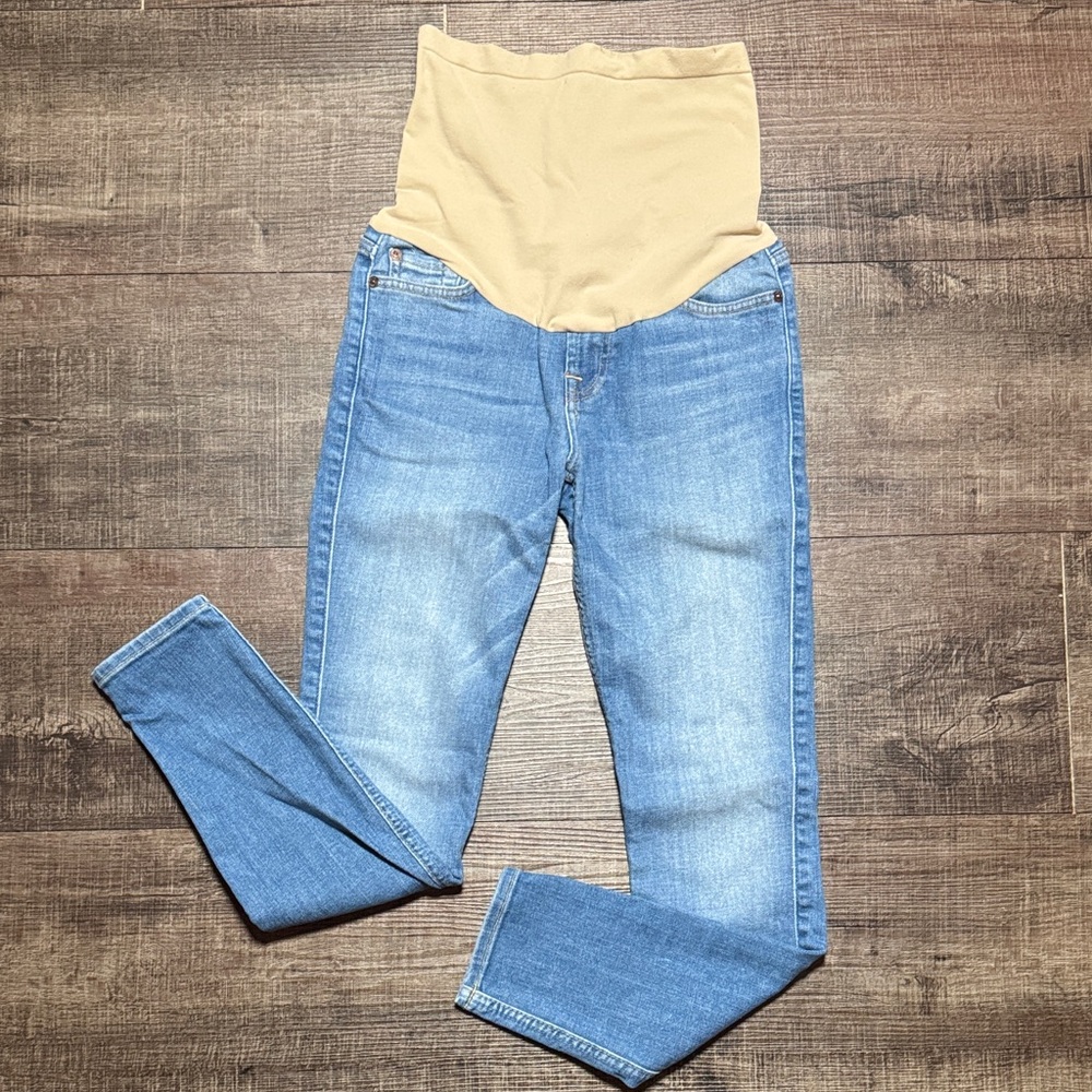 7 For All Mankind High Rise Blue Jeans with Tan Waistband